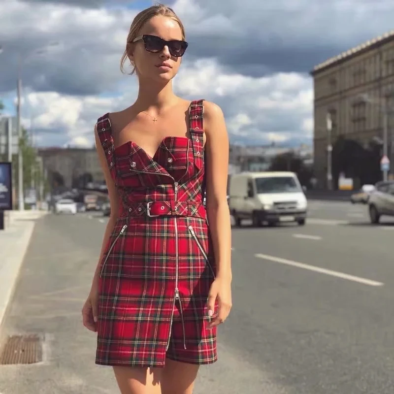 Увядшее мини-платье без бретелек женское платье vestidos английское винтажное красное клетчатое платье на молнии с заклепками рок vestidos de fiesta de noche вечернее платье