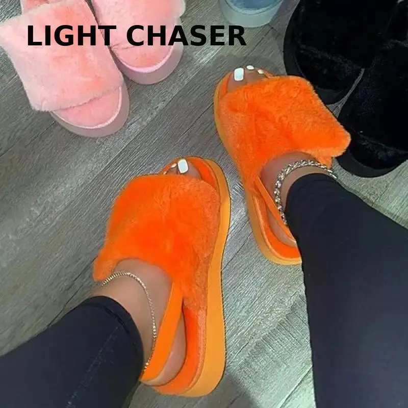 New Winter Keep Warm Women Fur Furry Slippers For Home Fluffy Soft Indoor Slides Thick Flats Heel Non Slip Indoor House Shoes