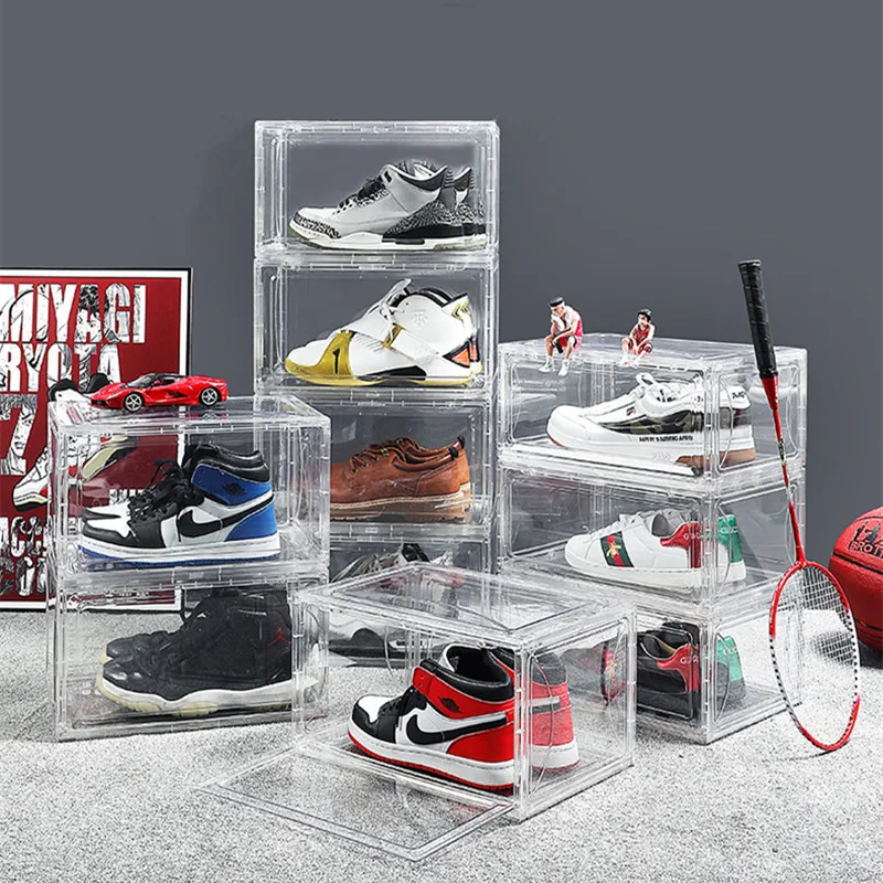 Sandals Box With Lids Shoe Racks for Footwear Organization -Space Saving Sneaker Storage Men and Women Plastic Containers for Sneakers Clear Shoe Storage Boxes -Set of 4 Stackable Shoe Boxes Heels