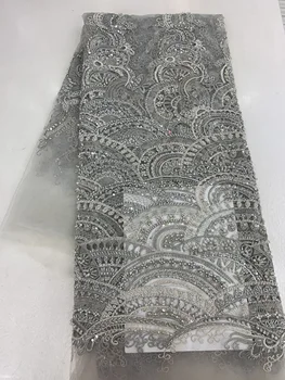 

Beige color lace fabric top end style plenty of handmade beads soft touching amazing design for elegant lady evening dress