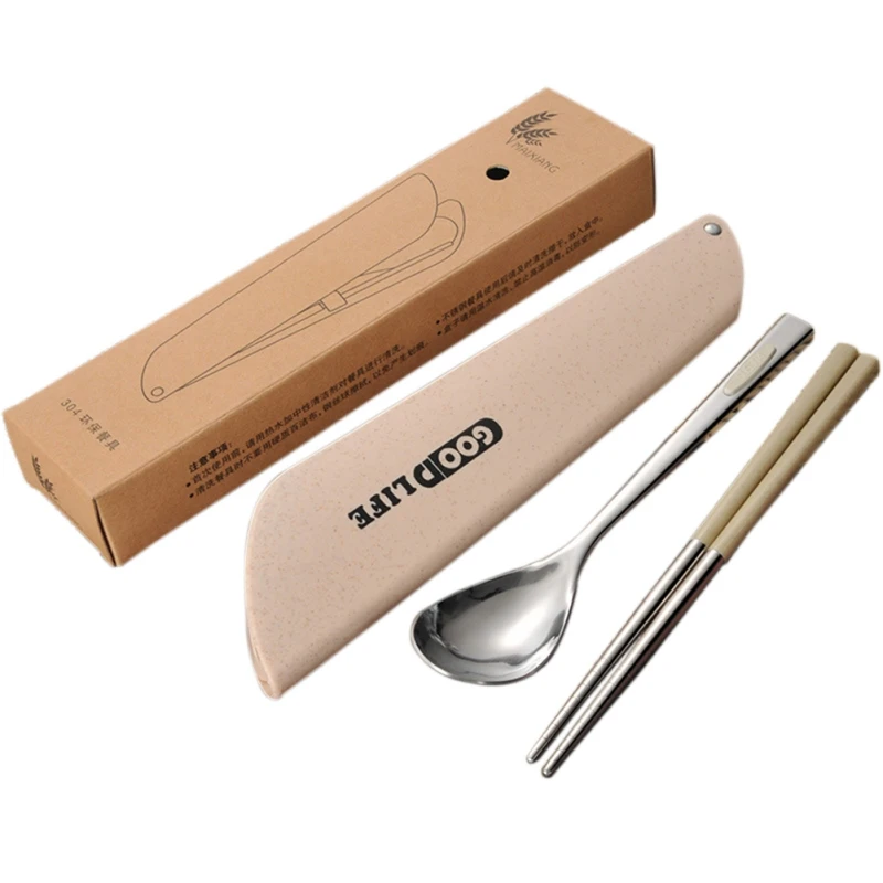 2Pcs Portable Cutlery Stainless Steel Chopsticks Spoon Set For Outdoor PicnicTravel Tableware Set With Wheat Straw Box - Цвет: M
