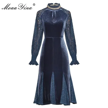 

MoaaYina Fashion Designer Runway dress Spring Summer Women's Dress Beading Stand collar Lace Long sleeve Slim Velvet Dresses