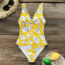 CUPSHE, желтый, цветочный принт, волнистый, обрезанный, Цельный купальник, сексуальный, v-образный вырез, Женский Монокини,, для девушек, пляжный купальник, купальник