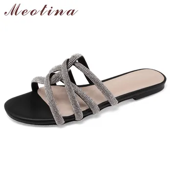 

Meotina Shoes Women Narrow Band Flat Slippers Round Toe Lady Slides Bling Women Sandals Summer Causal Black Apricot Size 34-39