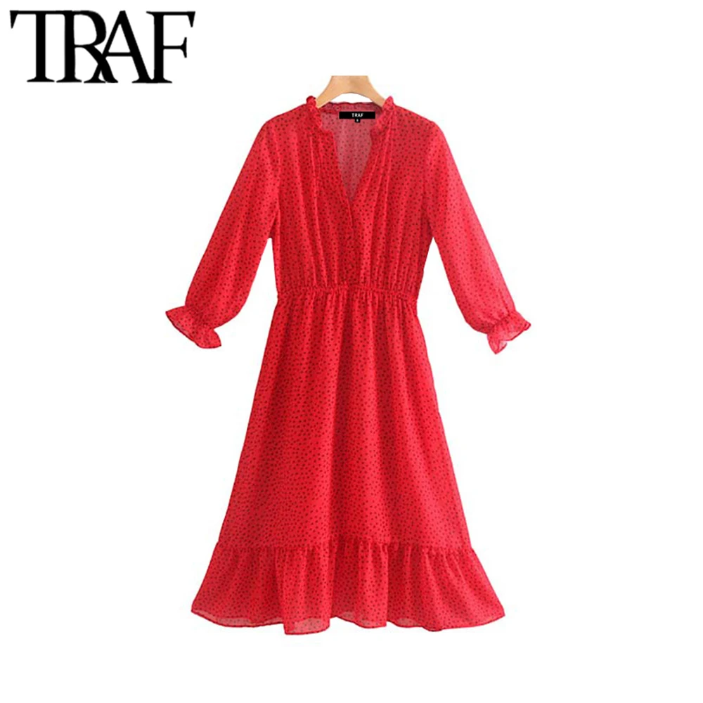 

TRAF Women Sweet Polka Dot Prints Chiffon Midi Dress Vintage Fashion V Neck Long Sleeve Elegant Dresses Vestidos Mujer
