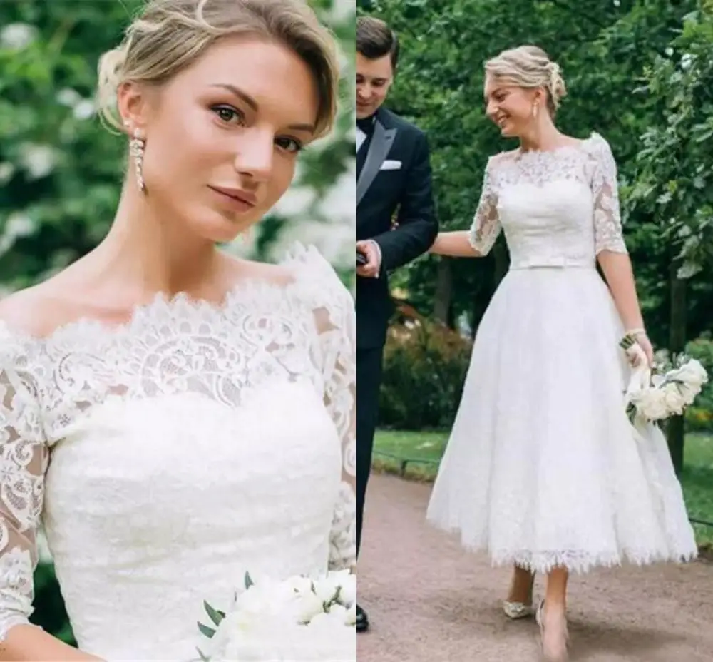 

New Half Sleeves Illusion Bateau Bow Sash Country Garden Bridal Gowns Custom Made Elegant Lace Tea Length Wedding Dresses