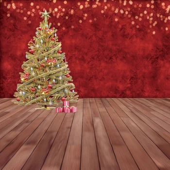 

Laeacco Merry Christmas Festivals Tree Wooden Floor Polka Dot Red Pattern Wall Party Baby Photo Background Photographic Backdrop