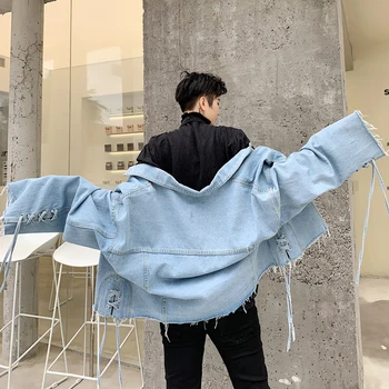 

Male Streetwear Hop Hip Vintage Jean Jacket Short Outerwear Men Bat Sleeve Cuff Ribbon Design Loose Casual Denim Jacket Coat