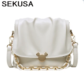 

SEKUSA Ruched fashion PU women cluth chain lady handbags for party dinner evening bags handbags
