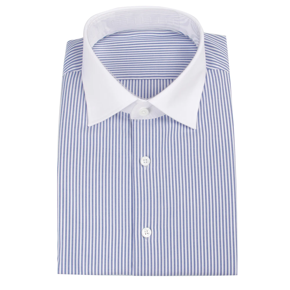 80s 2-ply Luxury Dress Shirt Custom Made Shirts 100% Cotton Blue Stripe Shirts 80s Two-Ply Tailored Men Shirts White Collar Cuff