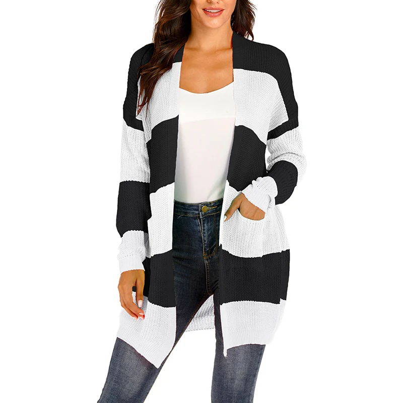 

New Plus Size Cardigans Women Striped Long Wild Sweater Office Lady Commuter Loose Cardigan Black White Female Casual Sweater