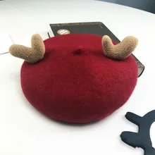 Шерстяной берет с рогами животных, женские зимние шапки для женщин, для девочек, уши из чистого шерстяного меха, Boina Feminina, плоская кепка, английский берет, Bone Gorro