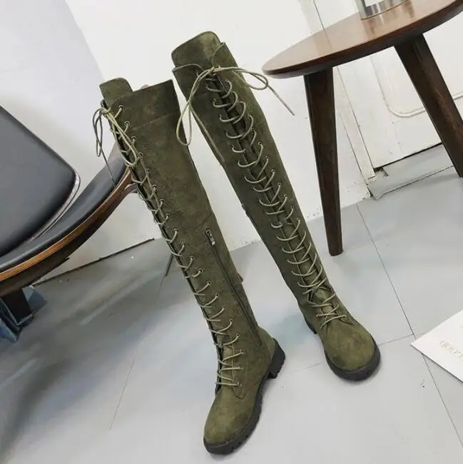 Пикантные сапоги; Botas de encaje sobre la rodilla Botas de estilo Roma mujeres pisos zapatos para mujer de ante Botas largas Botas de invier