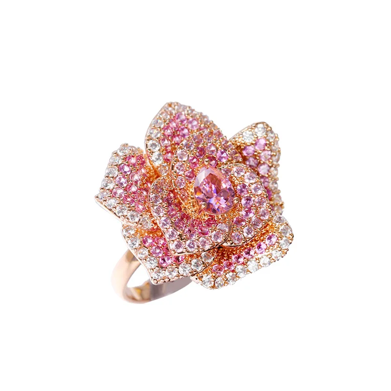 Женское кольцо в стиле бохо с кристаллами и розовым цветком, милое регулируемое обручальное кольцо из розового золота 18 К, кольца для помолвки для женщин
