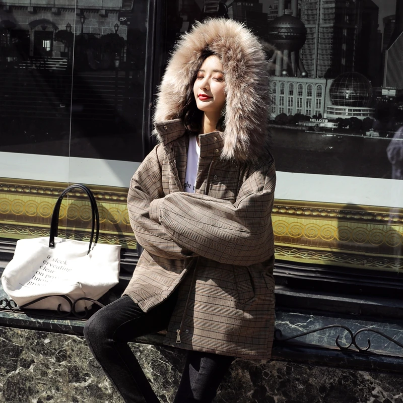 Женская зимняя Толстая парка, клетчатое хлопковое пальто, повседневная куртка с меховым воротником и капюшоном, корейский стиль, верхняя одежда, повседневная куртка на молнии