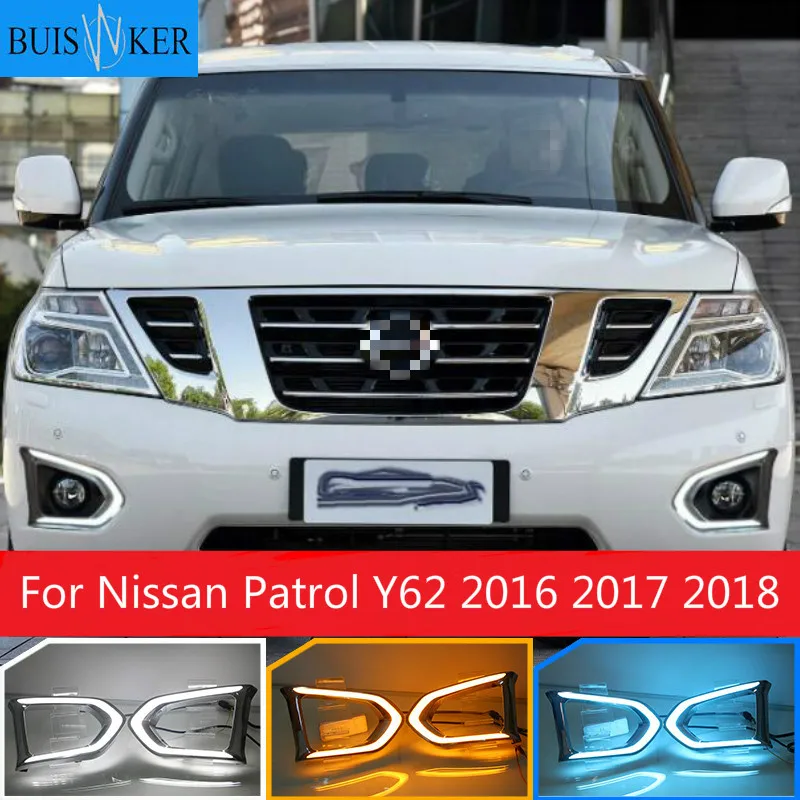

2 шт Автомобильный светодиодный дневные ходовые огни для Nissan Patrol Y62 2016 2017 2018 дневные ходовые огни светильник с желтым сигналом поворота; Темно-синие противотуманная фара