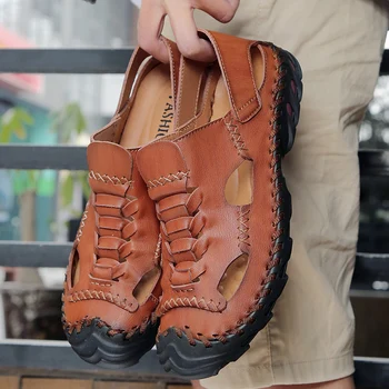

Merkmak 2020 New Summer Sandals Men Leather High Quality Beach Outdoor Sandals Comfortable Soft Footwear Rubber Shoes Big Size
