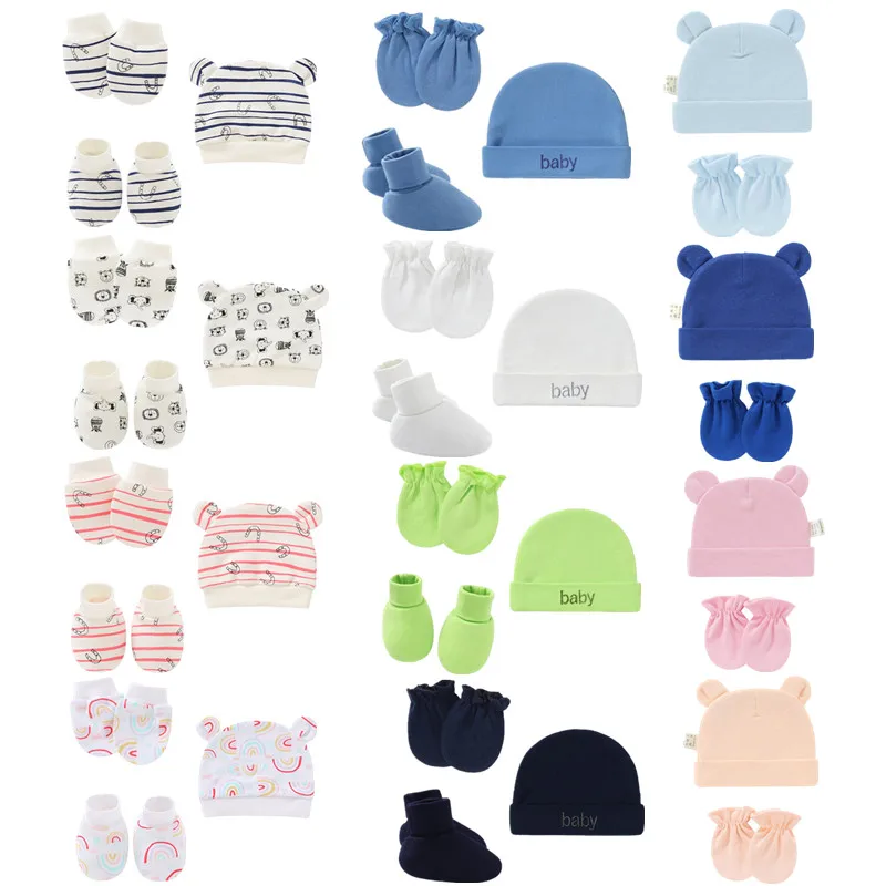 Cotton Baby Gloves Soft Anti Scratching Newborn Mittens+ Hat+Foot Cover Set Baby Warm Bonnet Beanies Caps Socks Baby Shower Gift