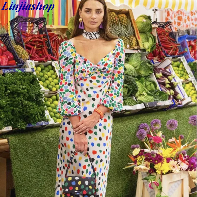 Vintage colorful dot print autumn summer dress women square neck slim waist satin party dress robe femme dropshipping