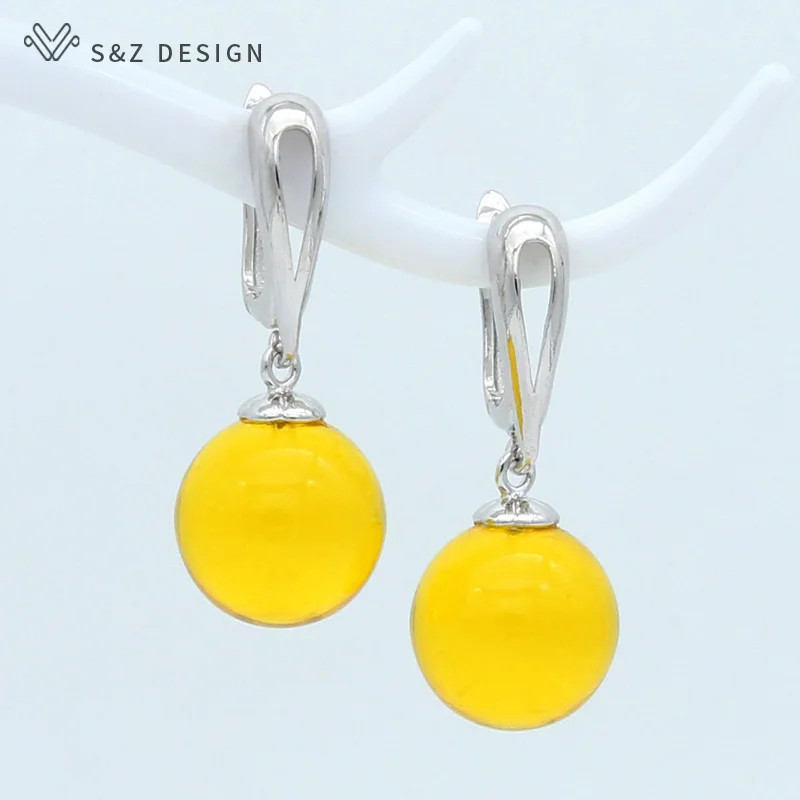 S&Z DESIGN New Trendy 585 Rose Gold Color Round Synthesis Ambers Dangle Earrings For Women Girl Wedding Jewelry Eardrop