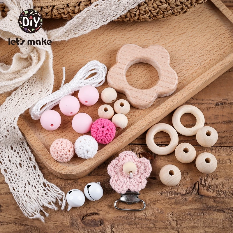 Let's Make Wooden Teether Crochet Beads Baby Goods Toys Flower Bell Bear Hedgehog DIY Pacifier Chain Set Pendant For Pacifier