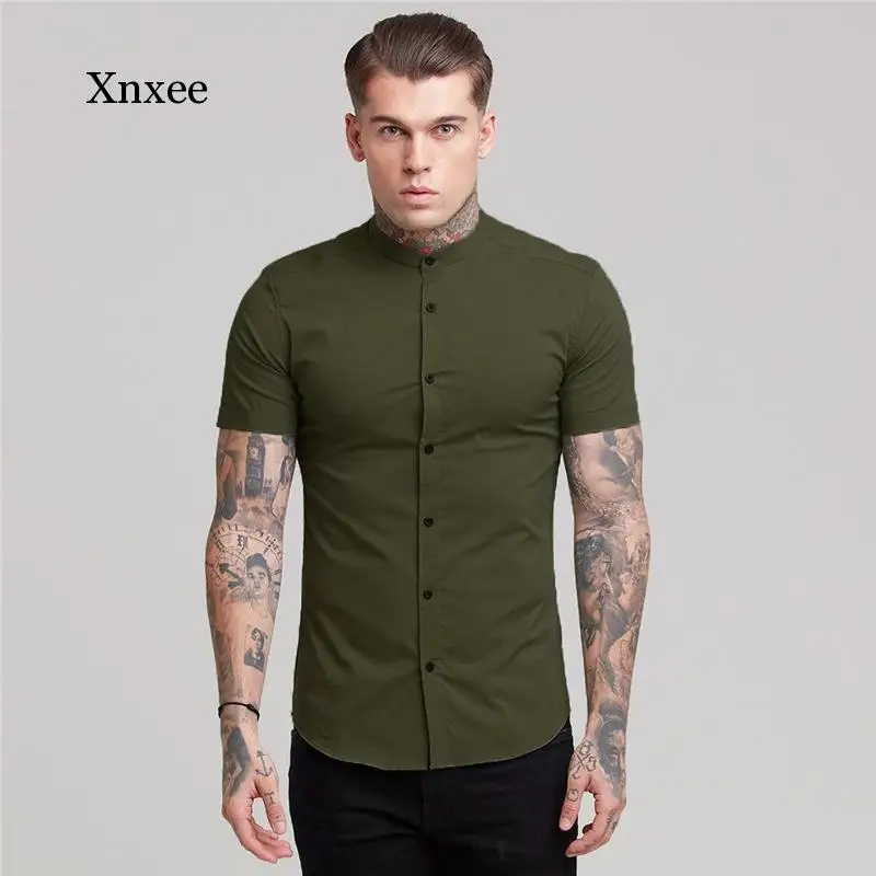 

New Summer Shirt Men Fashion Short Sleeve Solid Shirt Slim Fit Male Social Business Tops Brand Mens Gym Fitness Sports Clothing