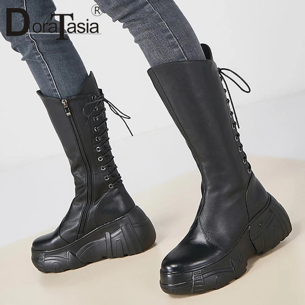 

DORATASIA New Top Quality Black Genuine Leather mid-calf Boots Women Ladies High Platform Boots Wedges High Heels Shoes Woman