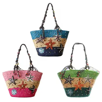 

Fashion Women Starfish Woven Bag Handbag Lady Casual Summer Beaded Straw Shopping Tote Female Travel Beach Shoulder Bag 3 Styles