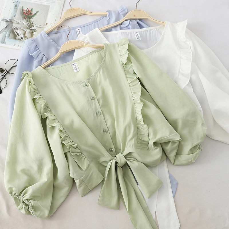 

Heliar 2019 Summer Version of The Short Solid Color Round Collar Tie With Bow Ruffled Woman Shirt blusas mujer de moda 2019