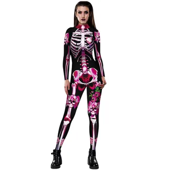 

3D Print Rose Skeleton Costume Jumpsuit Scary Halloween Costumes Womens Mechanical Skull Playsuits Female Party Clubwear S-XL
