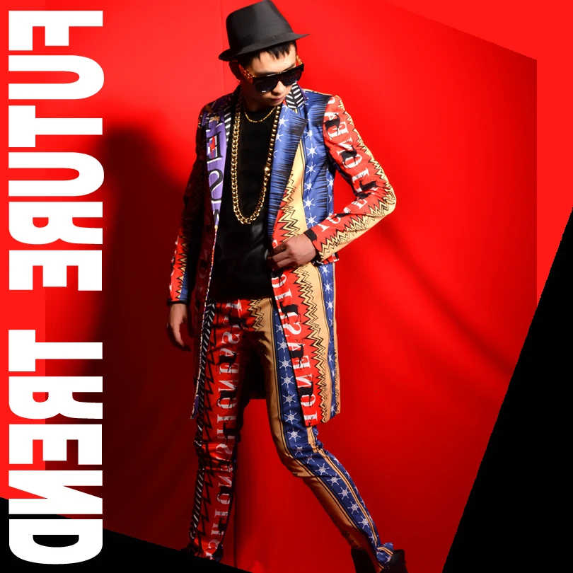 

Fashion Slim Fit Pant Prom Skinny Personality Stripe Party Suits Mens Stage Clothing Costume Homme 2-piece Set