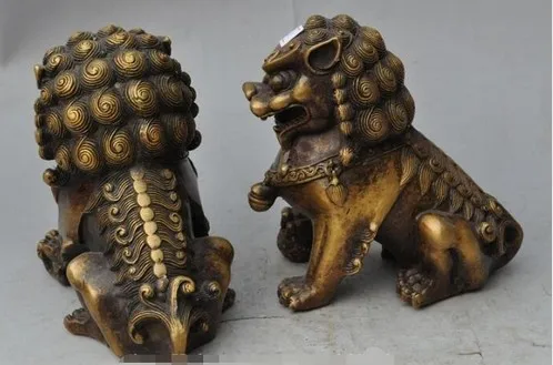 YM 316 old china fengshui pure bronze foo dog lion beast ball evil spirits statue pair