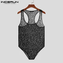 

2021 Men Bodysuits Pajamas Mesh Transparent Breathable Sleeveless Tank Tops Romper Sexy Underwear Men Nightwear Bodysuit INCERUN