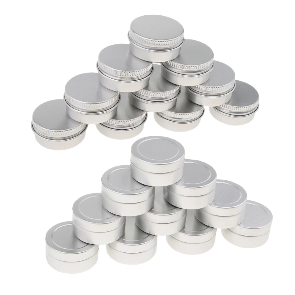 (Quantity: 20 Pieces) 10ml Refillable Silver Round Empty Aluminum Metal Tin Sample Jar Container with Screw Cap Lid