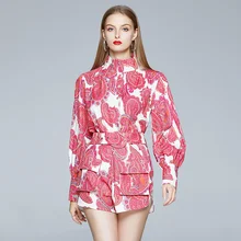 Runway Retro Print Holiday Shorts Set Women Stand Lantern Sleeve Shirts Blouses + Pocket Belt Mini Pant Set Female 2 Piece Set
