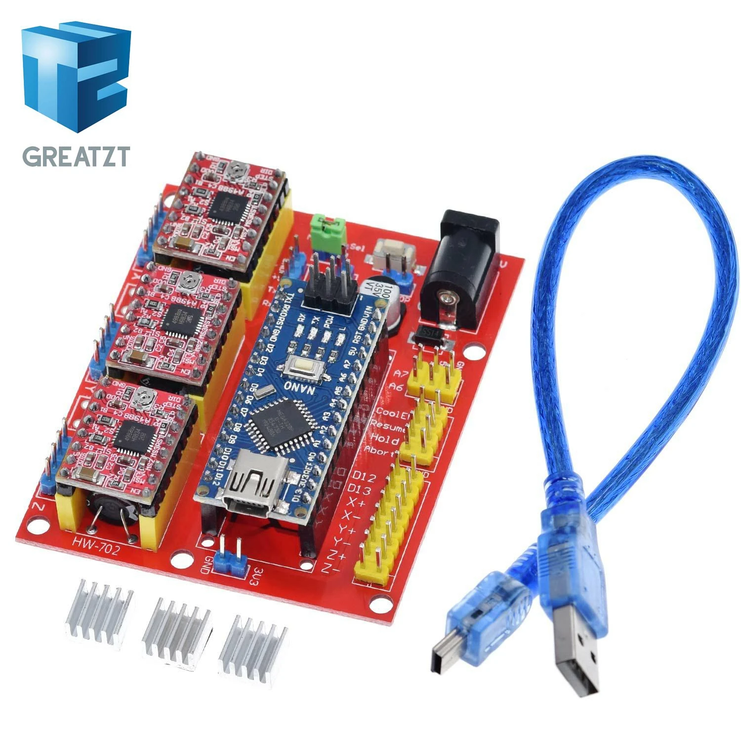 

GREATZT 3DV4 CNC Shield V4 + Nano 3.0 + 3pcs A4988 Reprap Stepper Drivers Set For Arduino