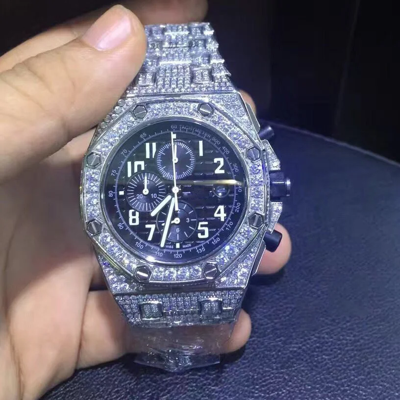 Luxury Mens silver iced out full diamonds watch super quality iced out quartz watches chronograph function works with box afbeelding