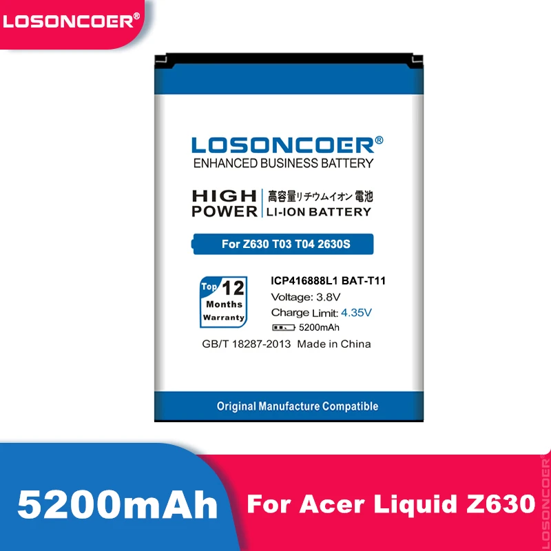 LOSONCOER 5200mAh ICP416888L1 BAT T11 Высококачественная батарея для телефона Acer Liquid T03 T04 Z630