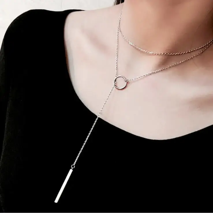 925 Silver women necklaces Circle with bar chian necklace for women