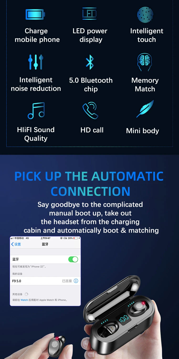 New F9 Wireless Headphones Bluetooth 5.0 Earphone TWS HIFI Mini In-ear Sports Running Headset Support iOS/Android Phones HD Call