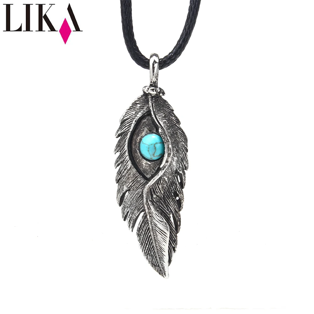 LIKA Alloy Turquoise Eye Feather Antique Silver Plated Pendant Leather Cord Necklace Women Accessories | Украшения и аксессуары