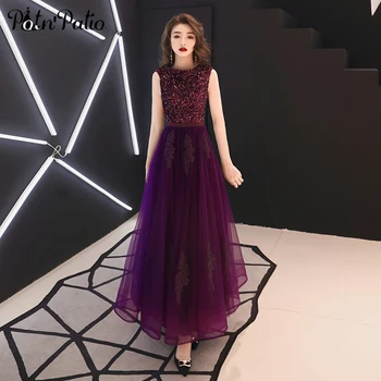 

Elegant Purple Prom Dresses Long 2020 O-neck Sleeveless Floor-length Sequin Tulle Evening Gowns For Graduation Party