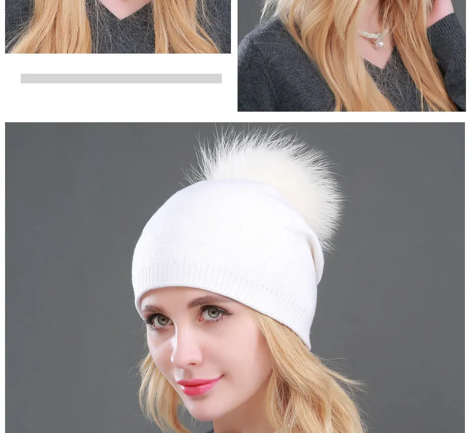 High Quality Women Dual layer Wool Knitted hats with big Real Fur Pompoms Warm Slouchy beanies hat ladies Fashion Skullies