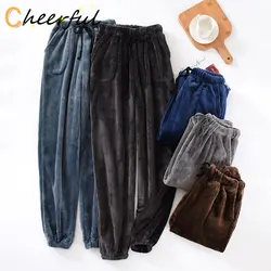 Autumn Winter Men Thick Warm Flannel Pajama Pants Large Size Elastic Waist Drawstring Loose Fleece Sleep Bottoms Homewear L-3XL