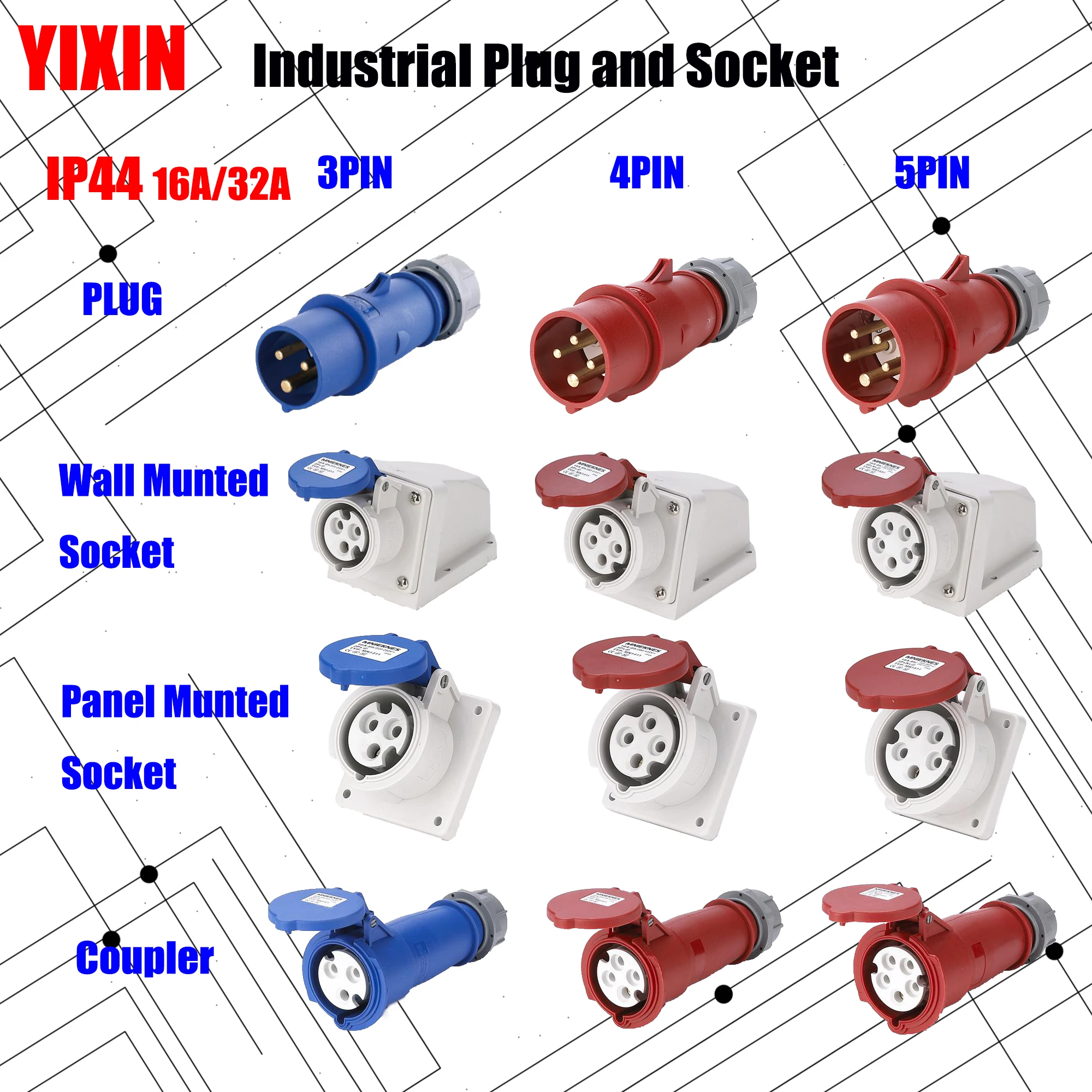 Presa Industriale Rossa E Bianca 16A/32A 4 Pin IP44 Impermeabile
