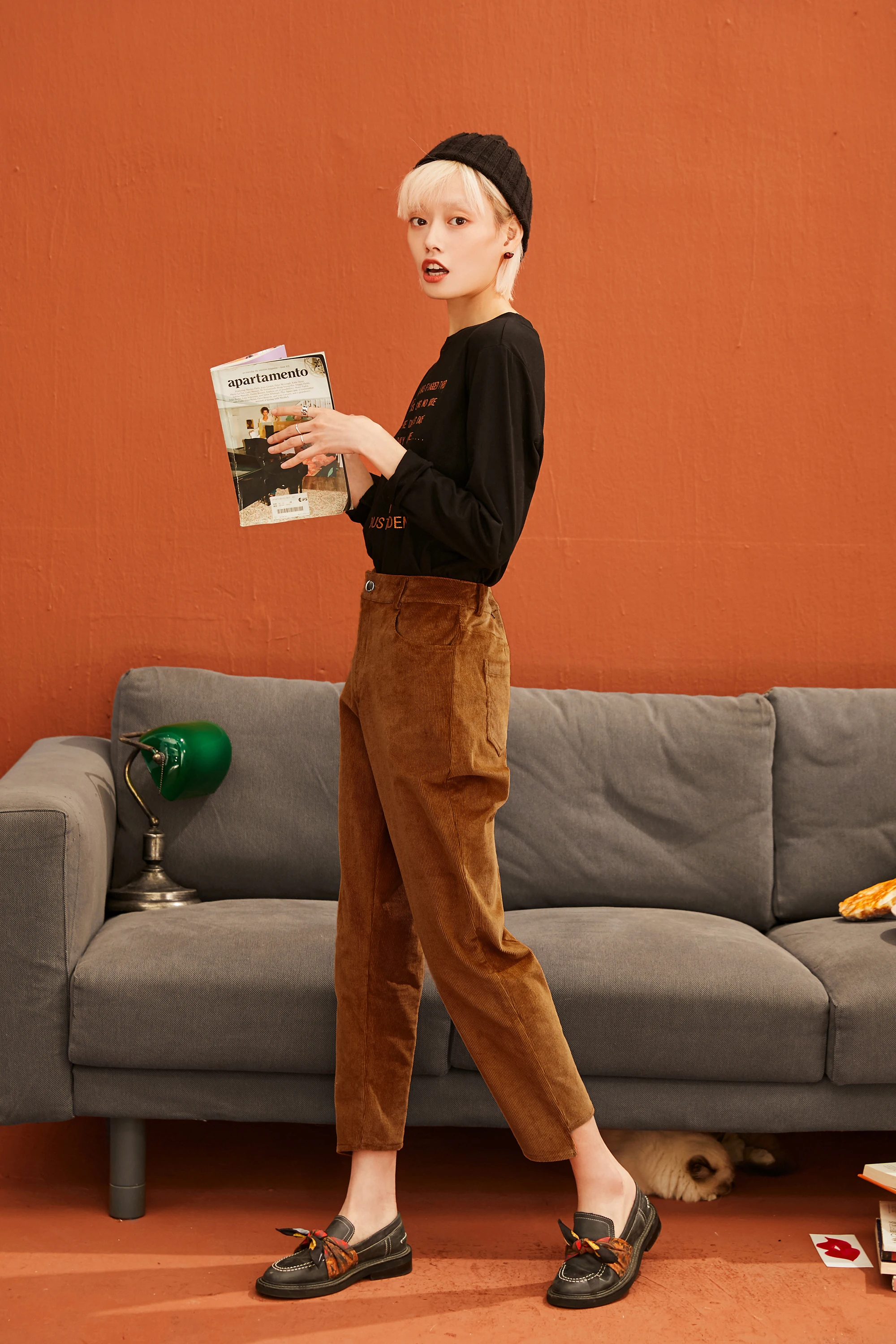 SAM'S TREE Solid Corduroy Straight Casual Women Harem Pants Winter Mid Waist Irregular Leg Office Ladies Daily Trousers