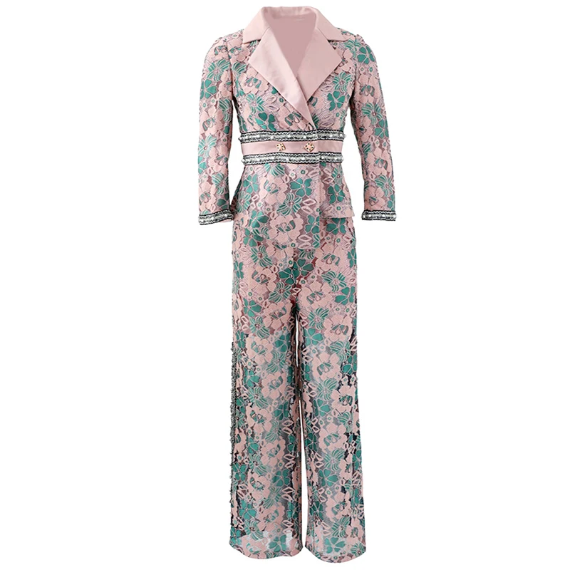 

Red RoosaRosee Designer Women 2 Piece Set Autumn Spring Flower Print Short Blazer + Sexy Split Pants Lady Fashion Lace Suit New