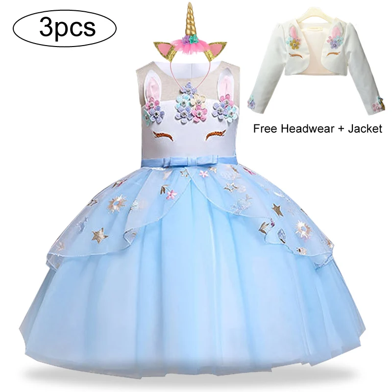 Новогоднее платье для девочек 3 предмета, Детские платья для девочек, вечерние платья с единорогом Рождественский Карнавальный Костюм Детское платье принцессы - Цвет: Blue