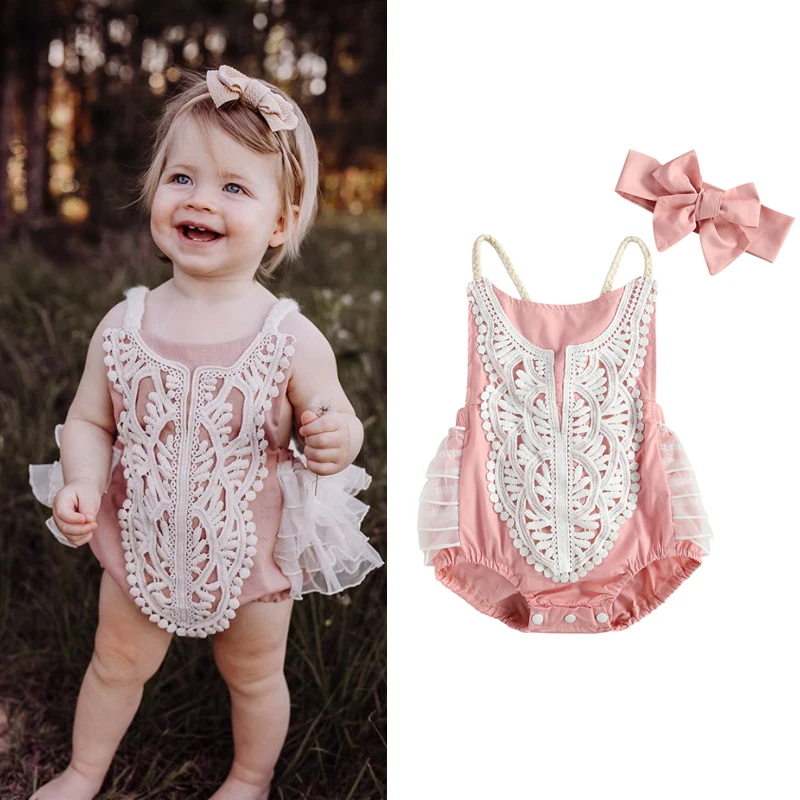 Focusnorm Summer Infant Baby Girls Lace Rompers Floral Printed