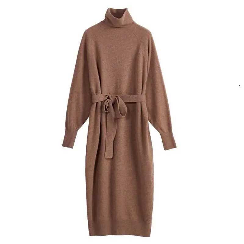 

Yocalor Women Sweater Dress Turtleneck Full Sleeve Sashes Women Knitted Vestidos Mid-length Loose Knit Dress 2019 Autumn Winter